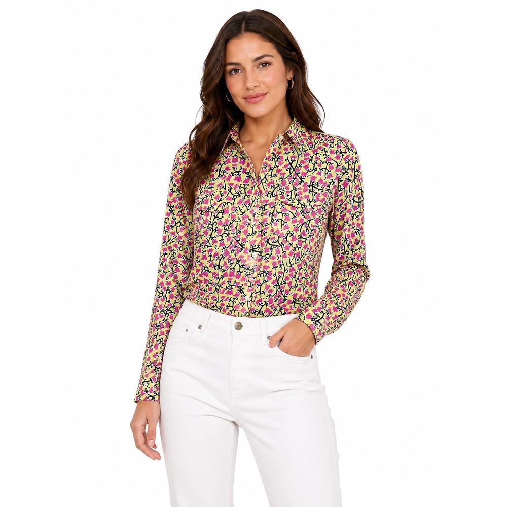Lilly Pulitzer‎ Button Down Blouse Yellow Pink Floral Vine XS Preppy Coastal
